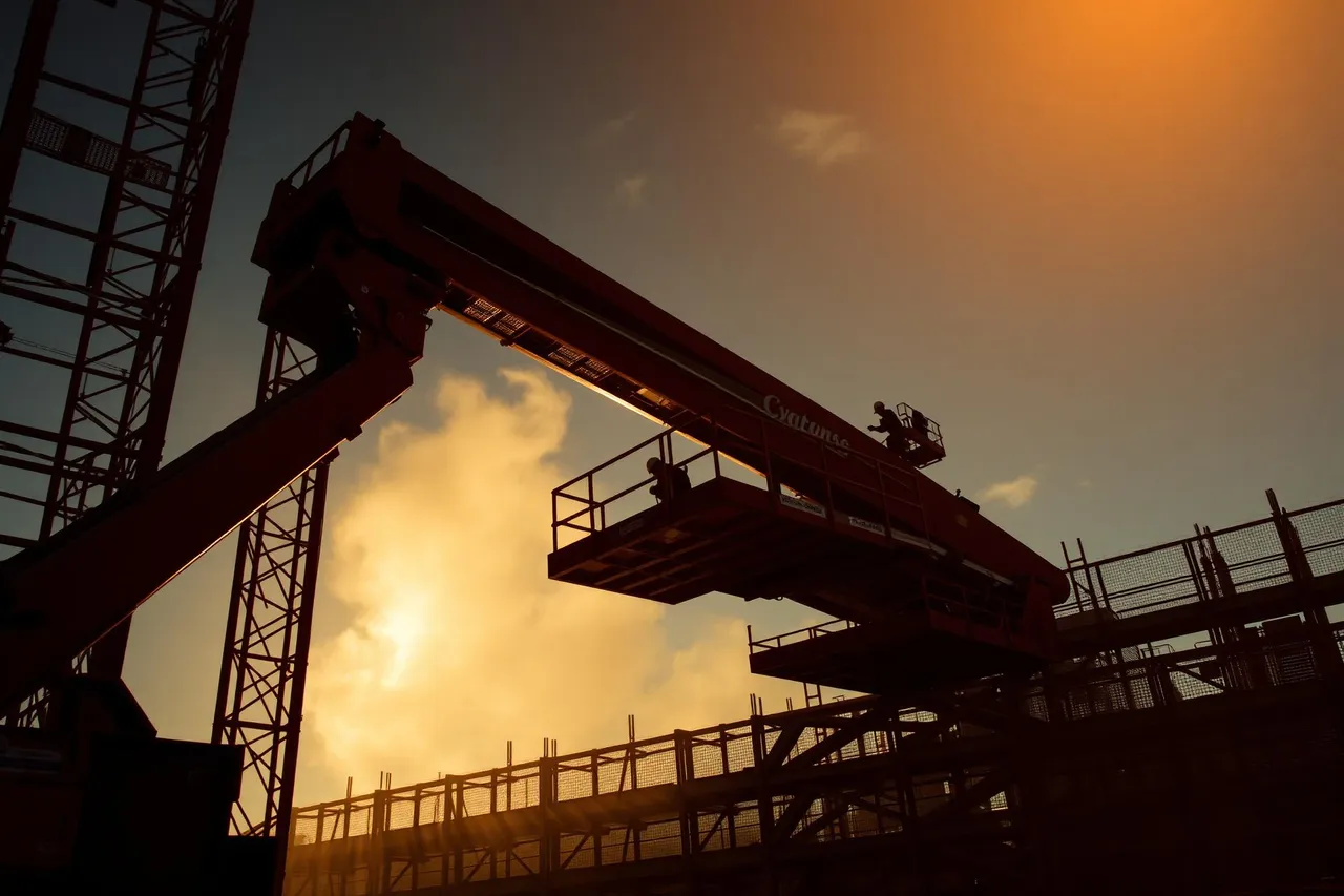 Locação CLM — plataforma elevatória JLG em obra ao entardecer em Mato Grosso do Sul